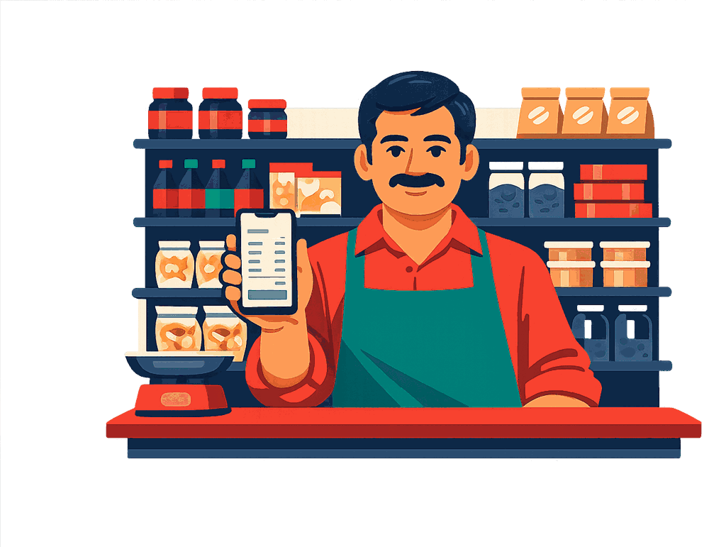 A shop owner making a GST invoice on their phone